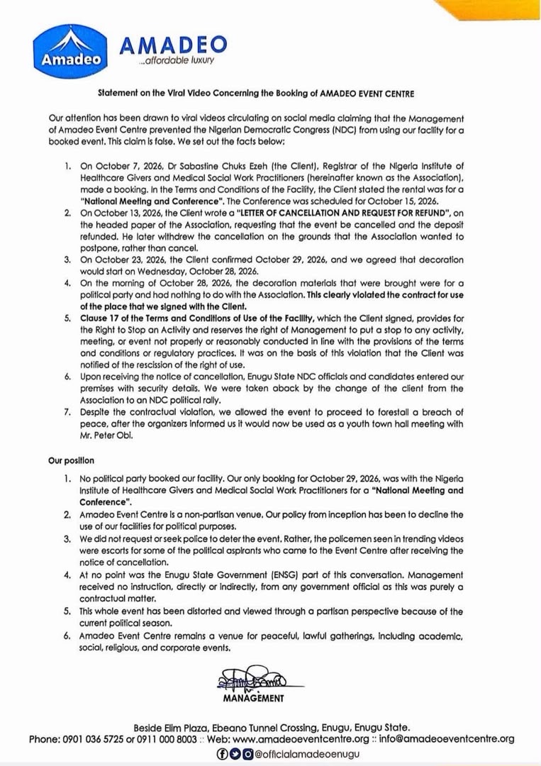 PRESS RELEASE FROM AMADEO EVENT CENTRE